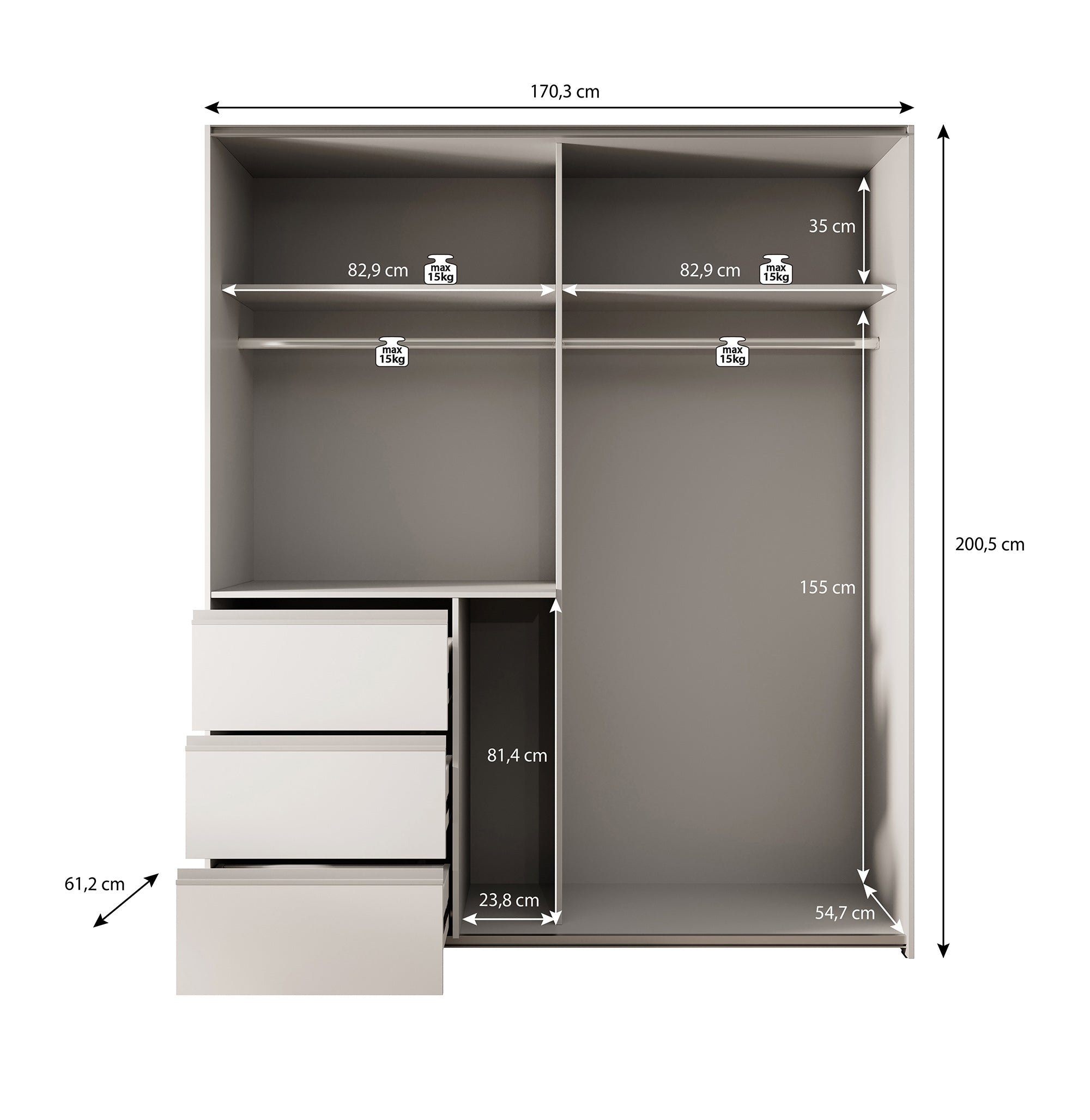 Walter - Kledingkast met schuifdeuren - Wit - 170x61x200 cm