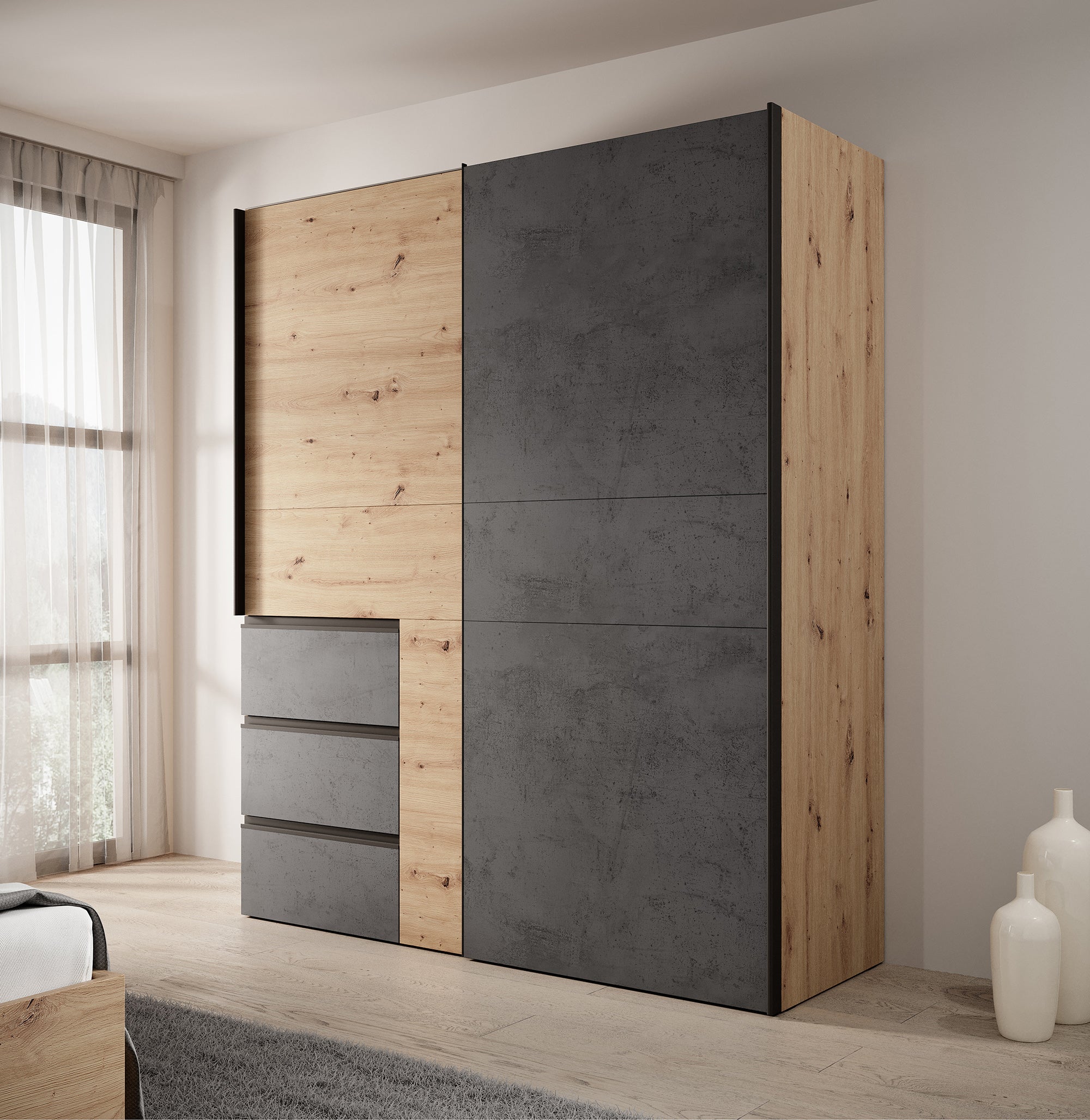 Walter - Kledingkast met schuifdeuren - Eiken/grijs - 170x61x200 cm