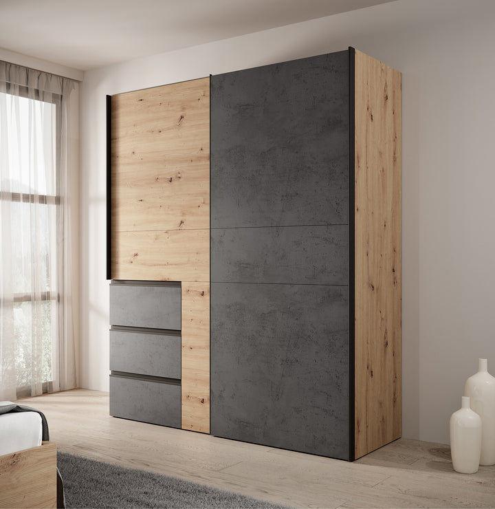 Walter - Kledingkast met schuifdeuren - Eiken/grijs - 170x61x200 cm