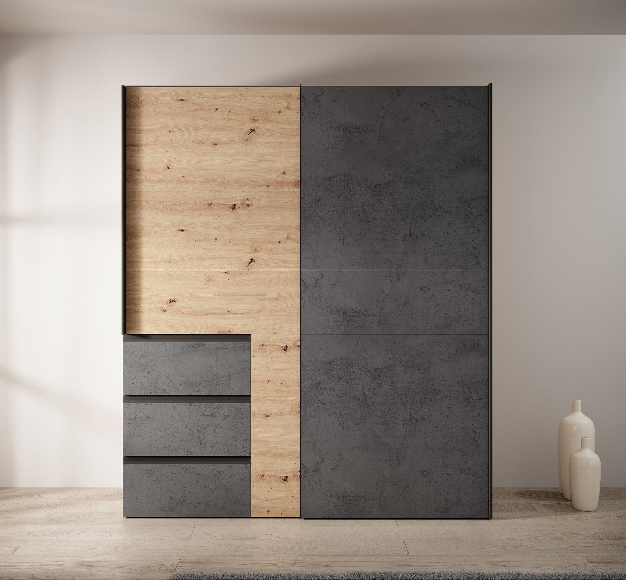 Walter - Kledingkast met schuifdeuren - Eiken/grijs - 170x61x200 cm