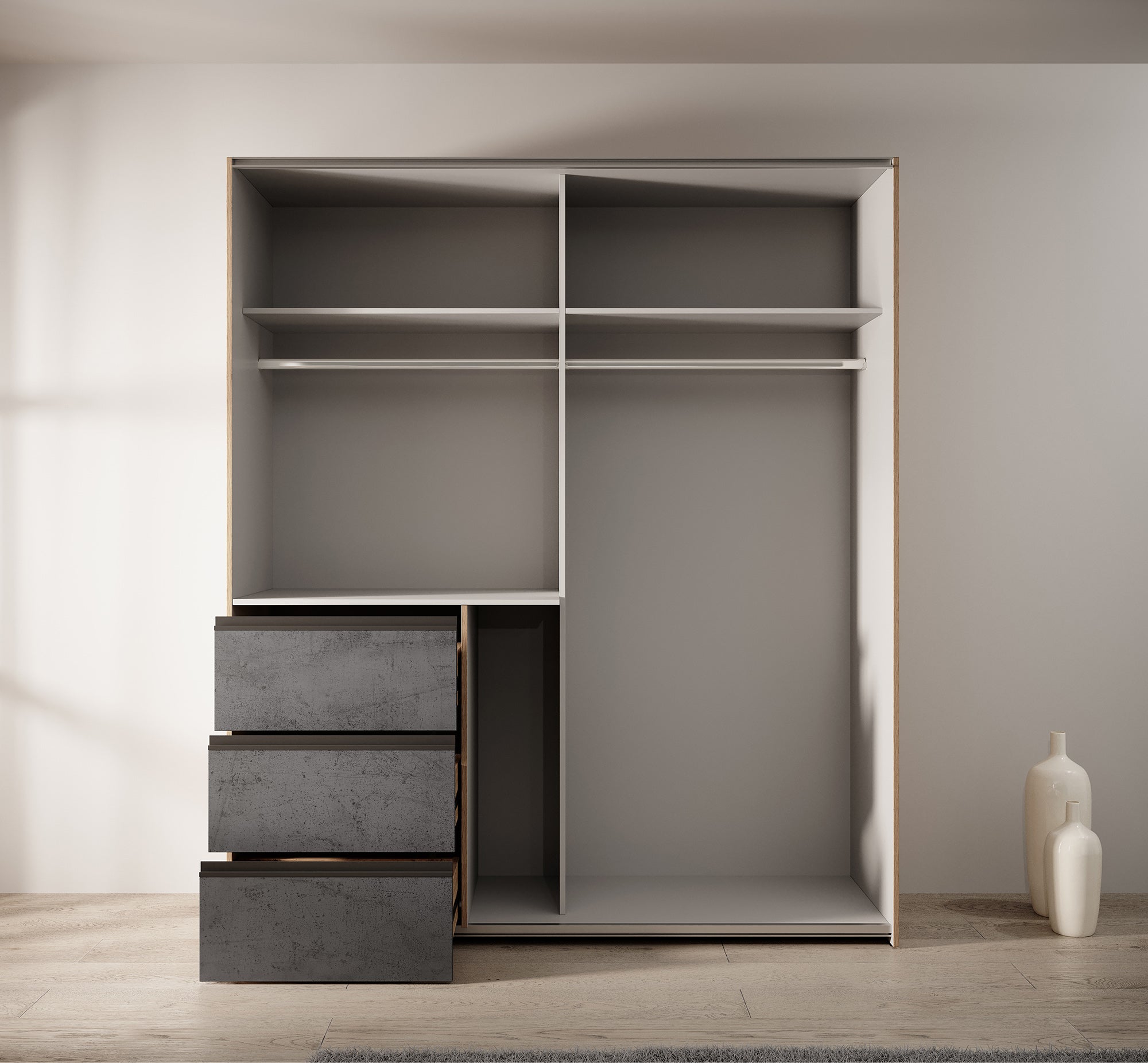 Walter - Kledingkast met schuifdeuren - Eiken/grijs - 170x61x200 cm