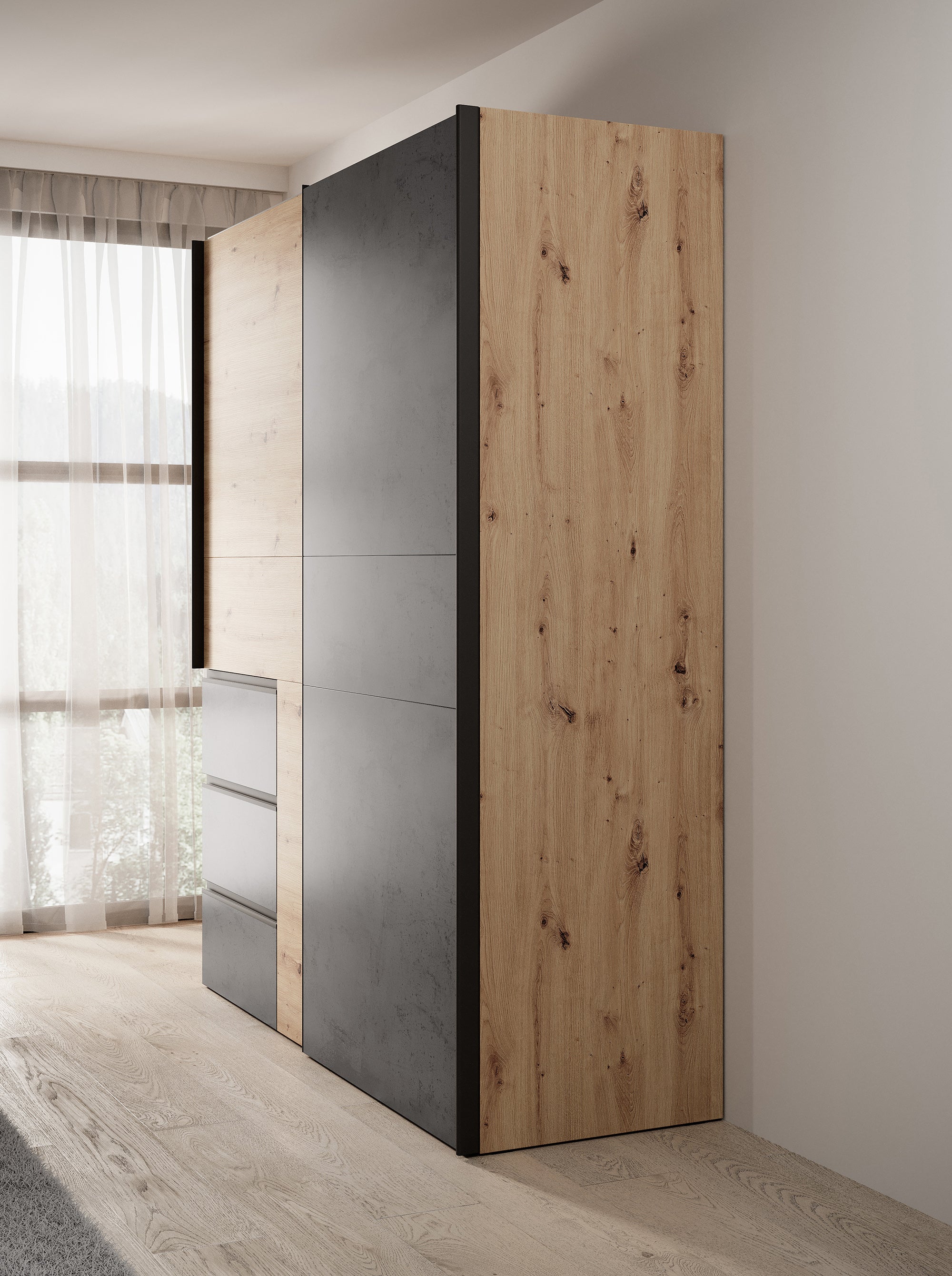 Walter - Kledingkast met schuifdeuren - Eiken/grijs - 170x61x200 cm