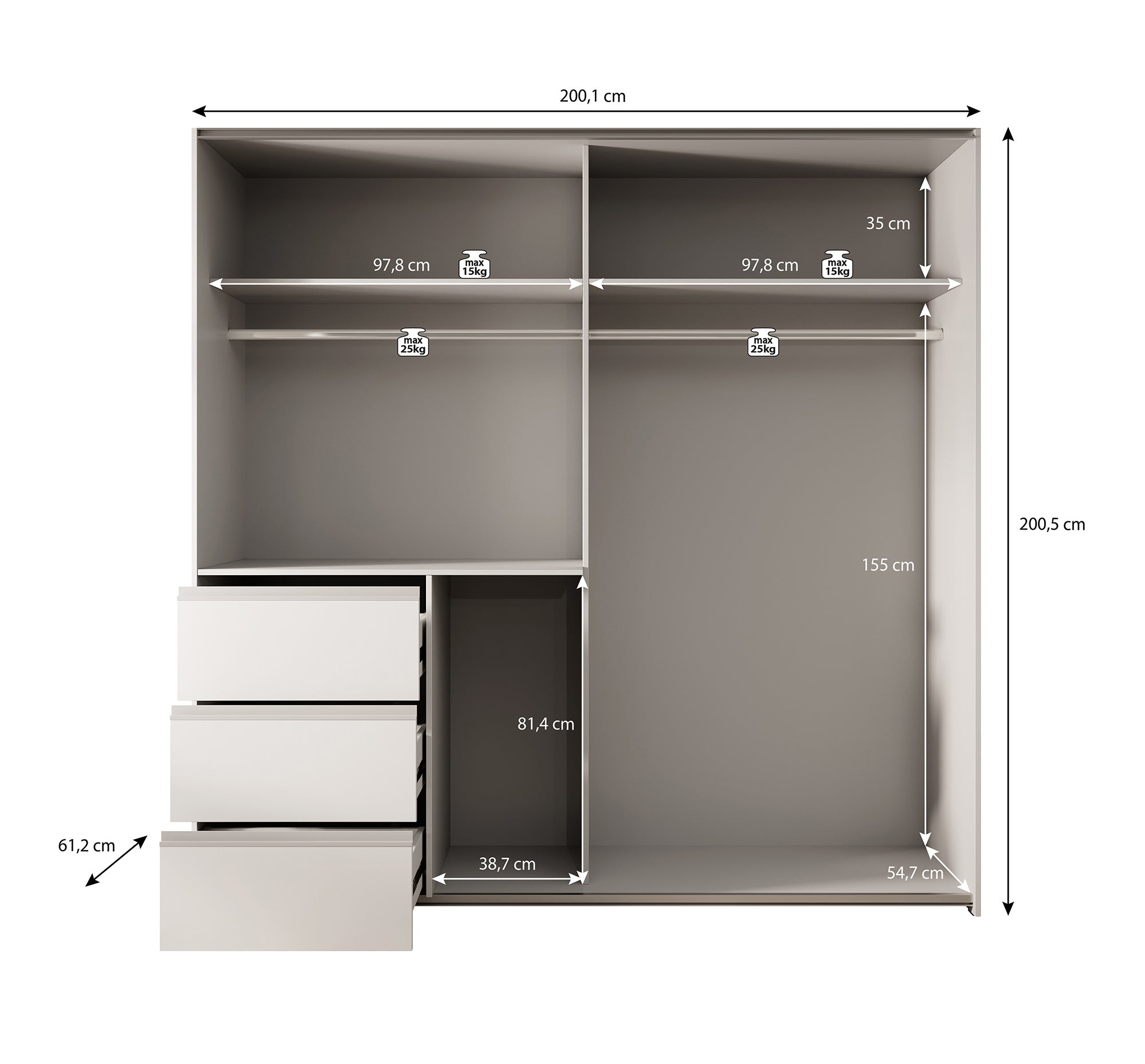 Walter - Kledingkast met schuifdeuren - Eiken/grijs - 200x61x200 cm