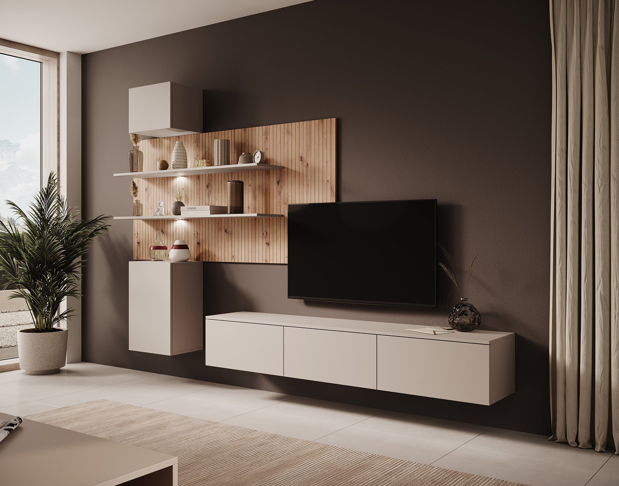 Gamble 4 - Wandmeubel - Beige/eiken - 180x35x30 cm