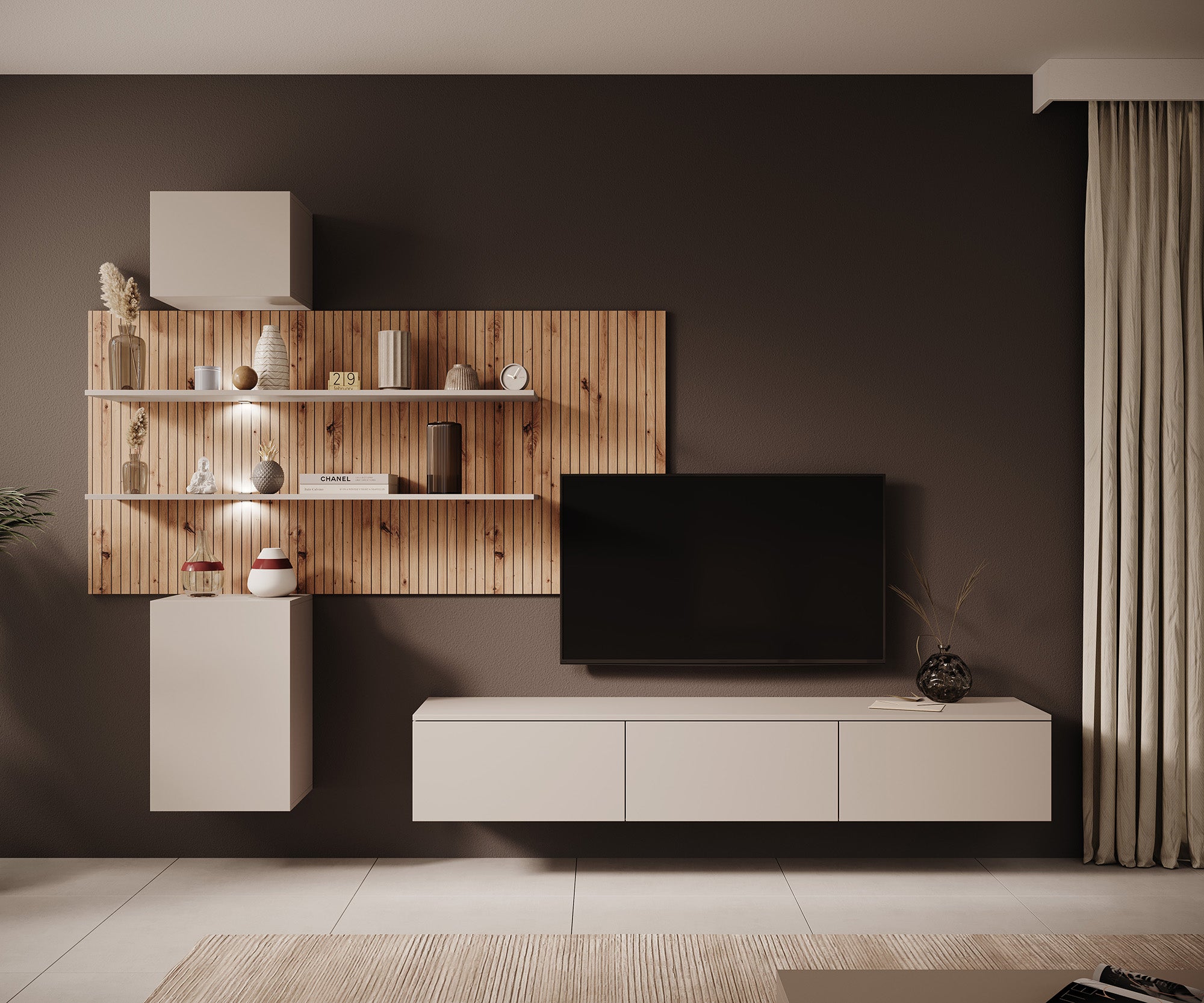 Gamble 4 - Wandmeubel - Beige/eiken - 180x35x30 cm