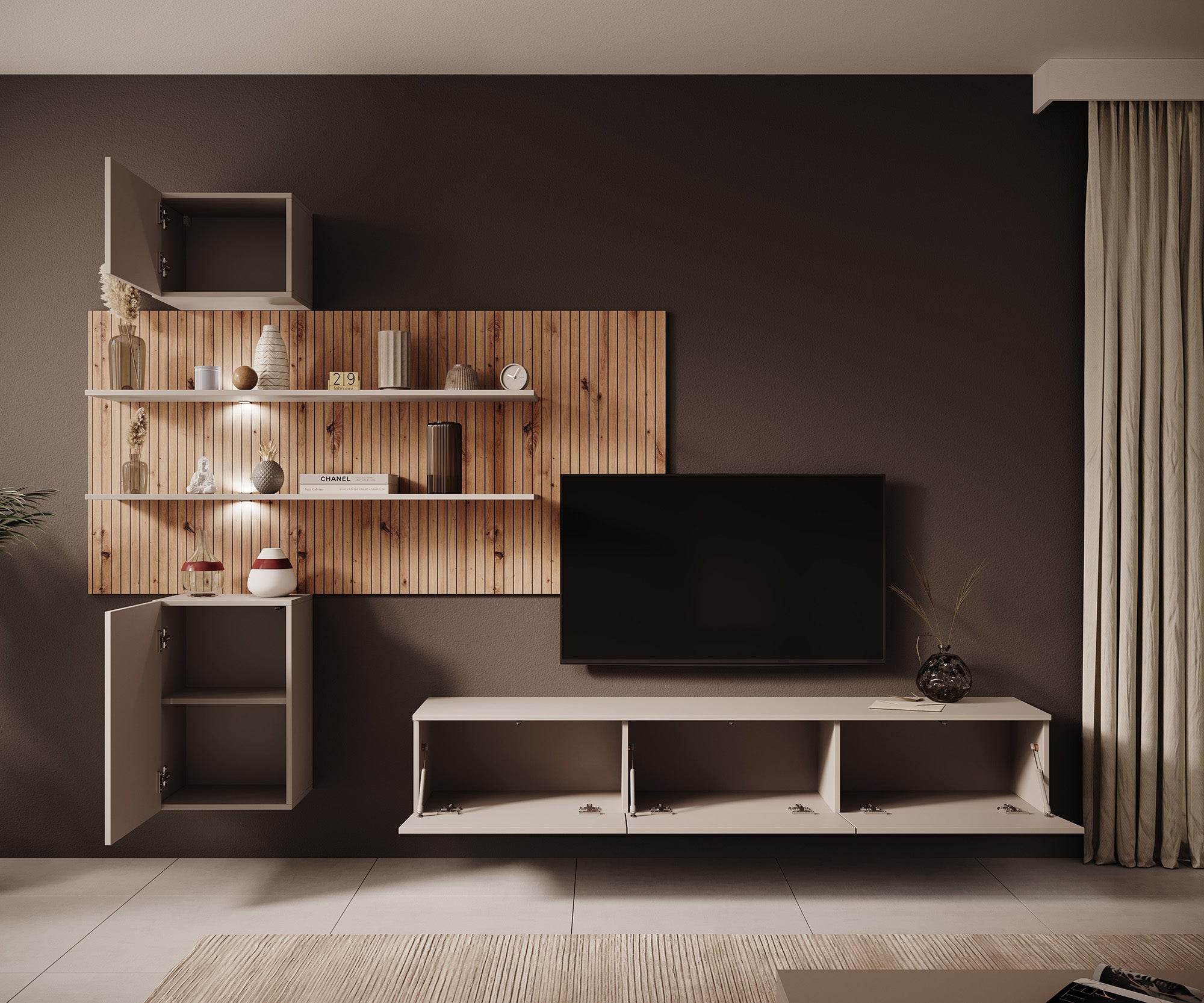 Gamble 4 - Wandmeubel - Beige/eiken - 180x35x30 cm