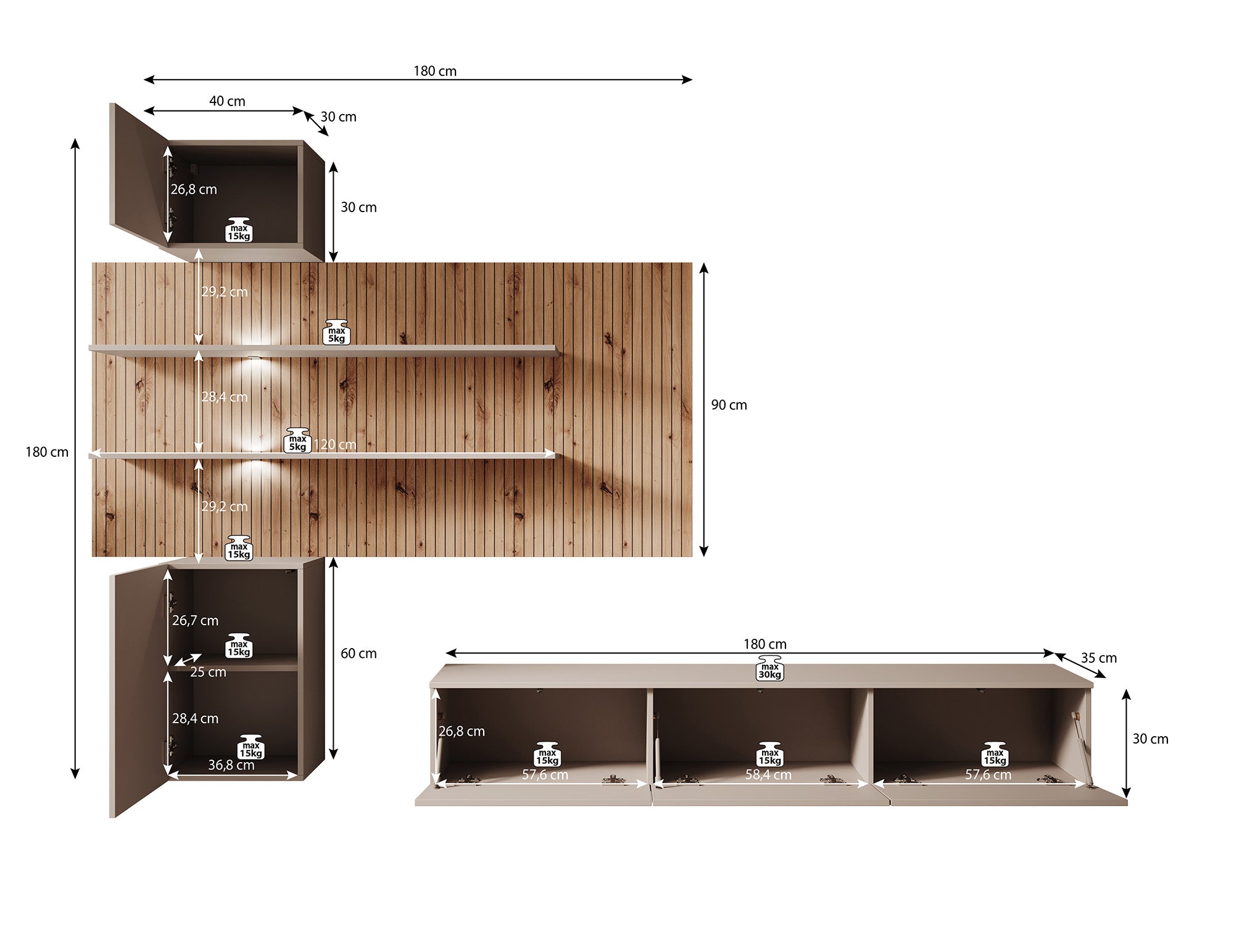 Gamble 4 - Wandmeubel - Beige/eiken - 180x35x30 cm