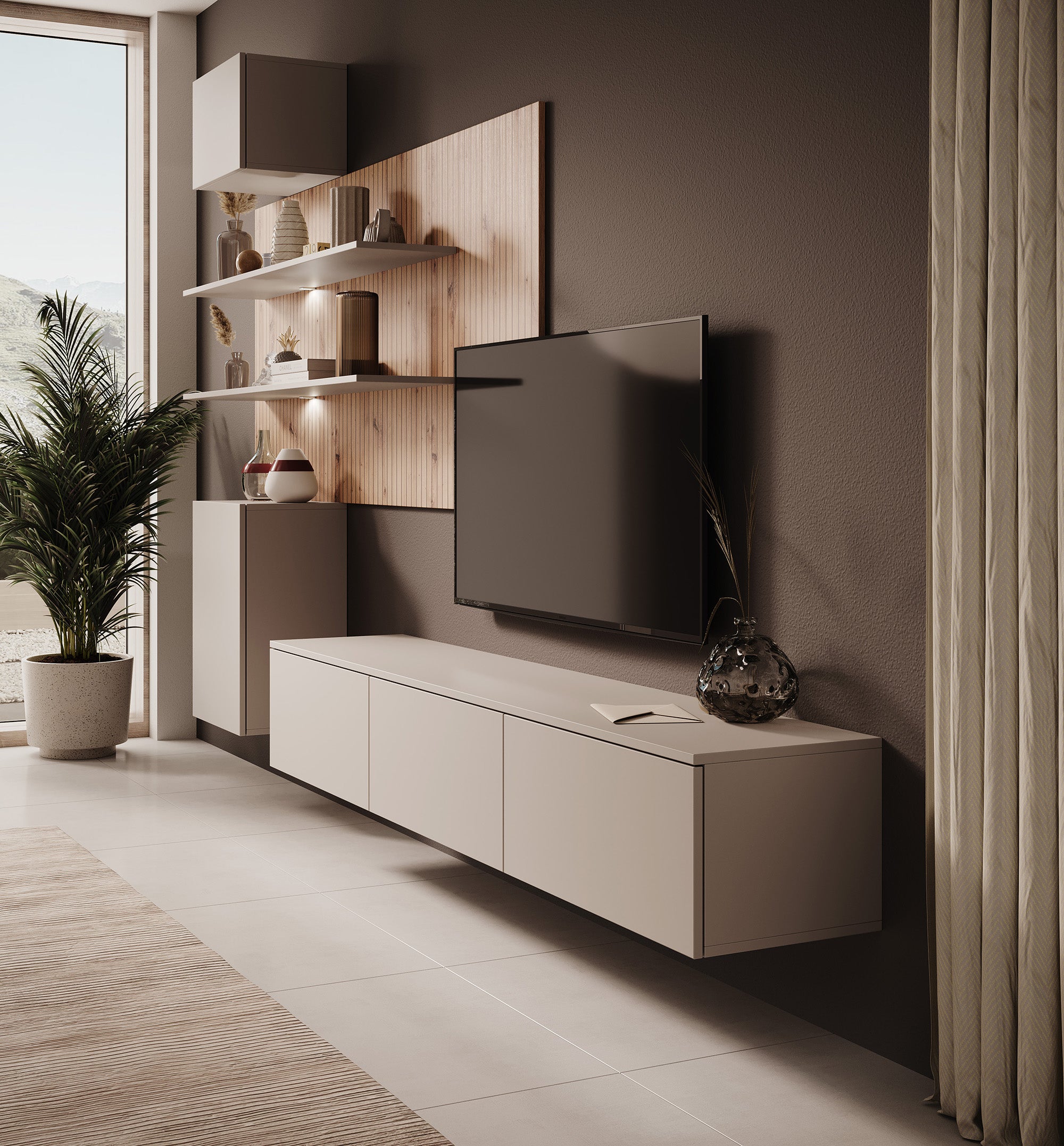 Gamble 4 - Wandmeubel - Beige/eiken - 180x35x30 cm