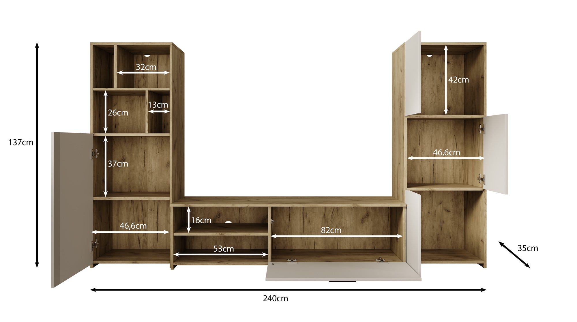 Jakarta - Wandmeubel - Eiken - 240x35x137 cm