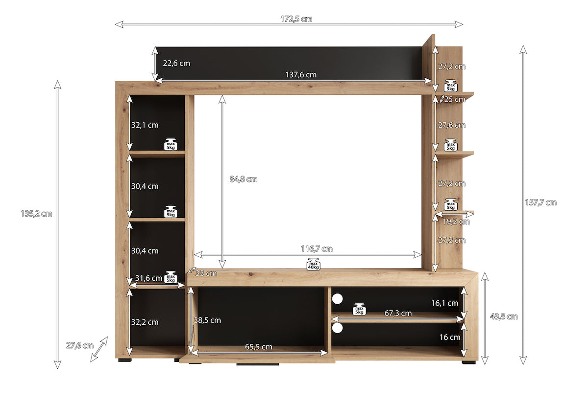 Ramona - Wandmeubel - Eiken/zwart - 173x28x158 cm