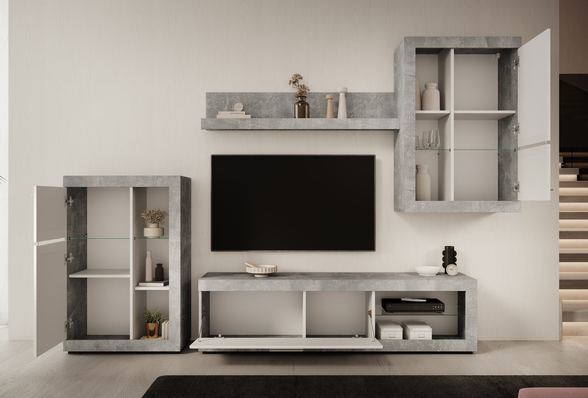 Ruth - Wandmeubel - Betonlook - 162x42x44 cm
