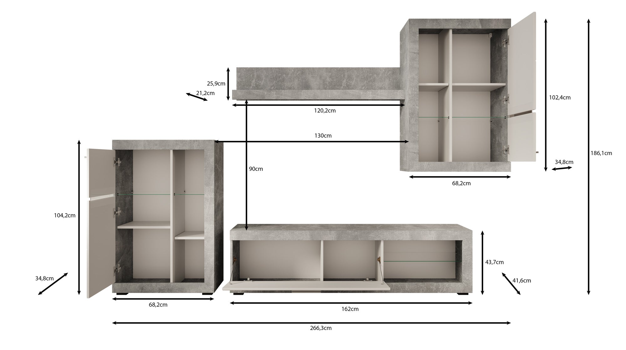 Ruth - Wandmeubel - Betonlook - 162x42x44 cm