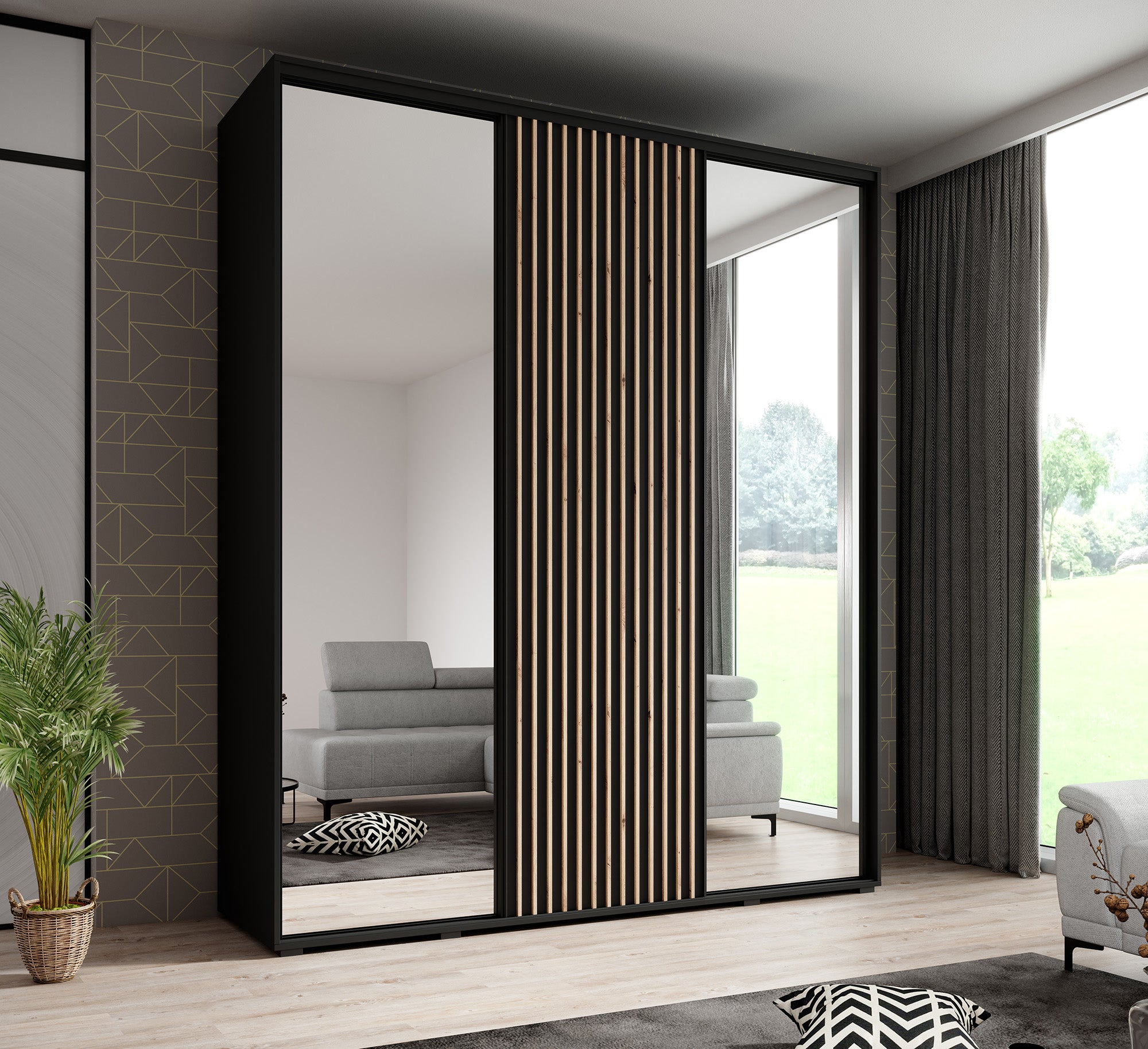 Leandro - Kledingkast met schuifdeuren - Zwart - 200x60x235 cm