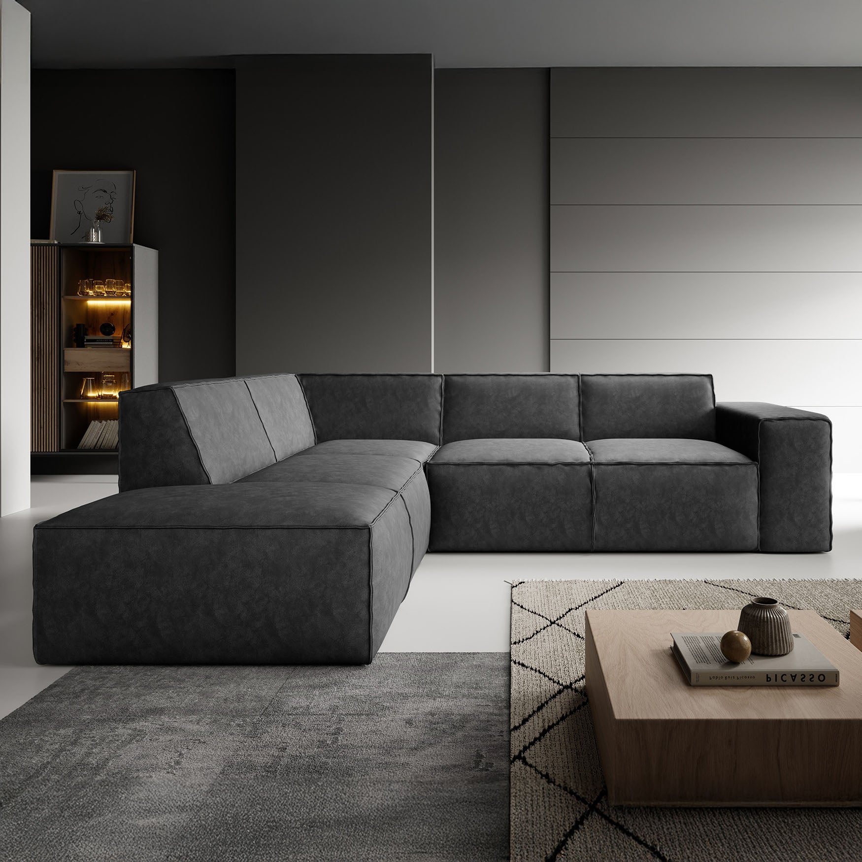 Monet - Hoekbank 4-zits met chaise longue - Kunstleer zwart - Links