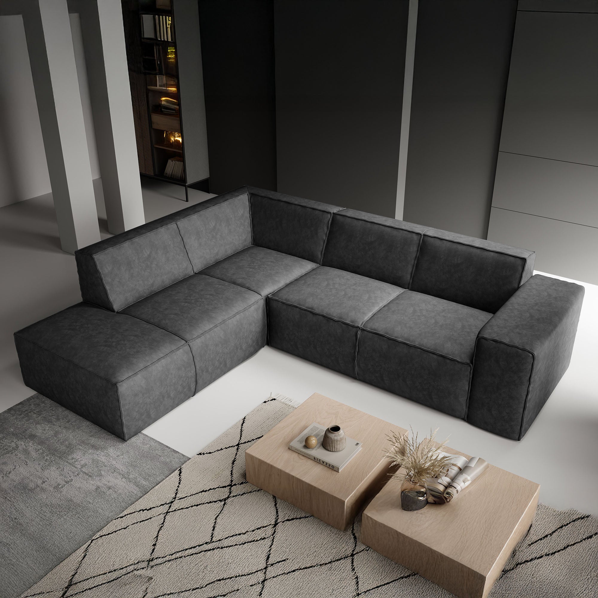 Monet - Hoekbank 4-zits met chaise longue - Kunstleer zwart - Links