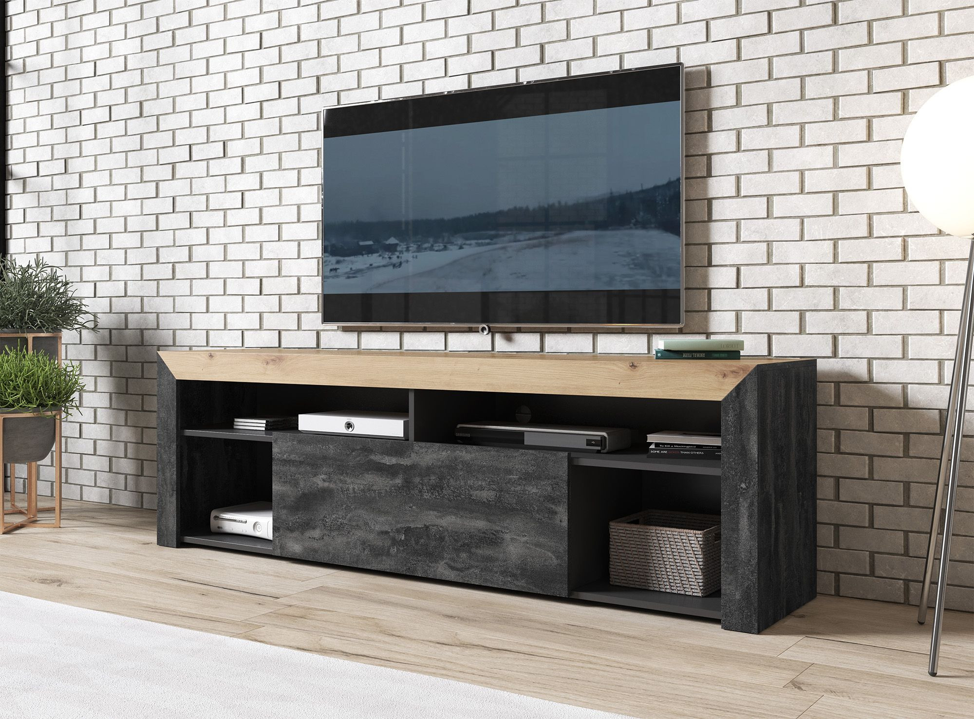 spade deuropening Geometrie TV-Meubel Adalyn - Zwart - Eiken - 180 cm | Meubella