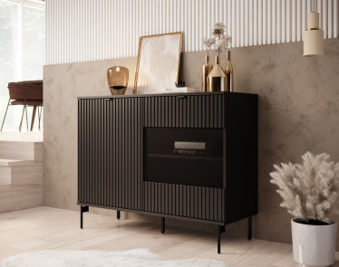 Dressoir Silvona - Zwart - 109 cm - Met glas