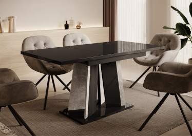 Eetkamertafel Delilah - Hoogglans zwart - Betonlook - 160 cm - Uitschuifbaar