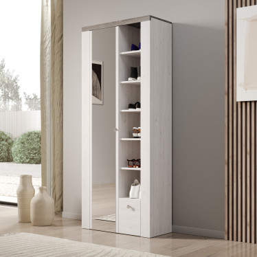 Schoenenkast Linford - Wit eiken - 80 cm - Met spiegel